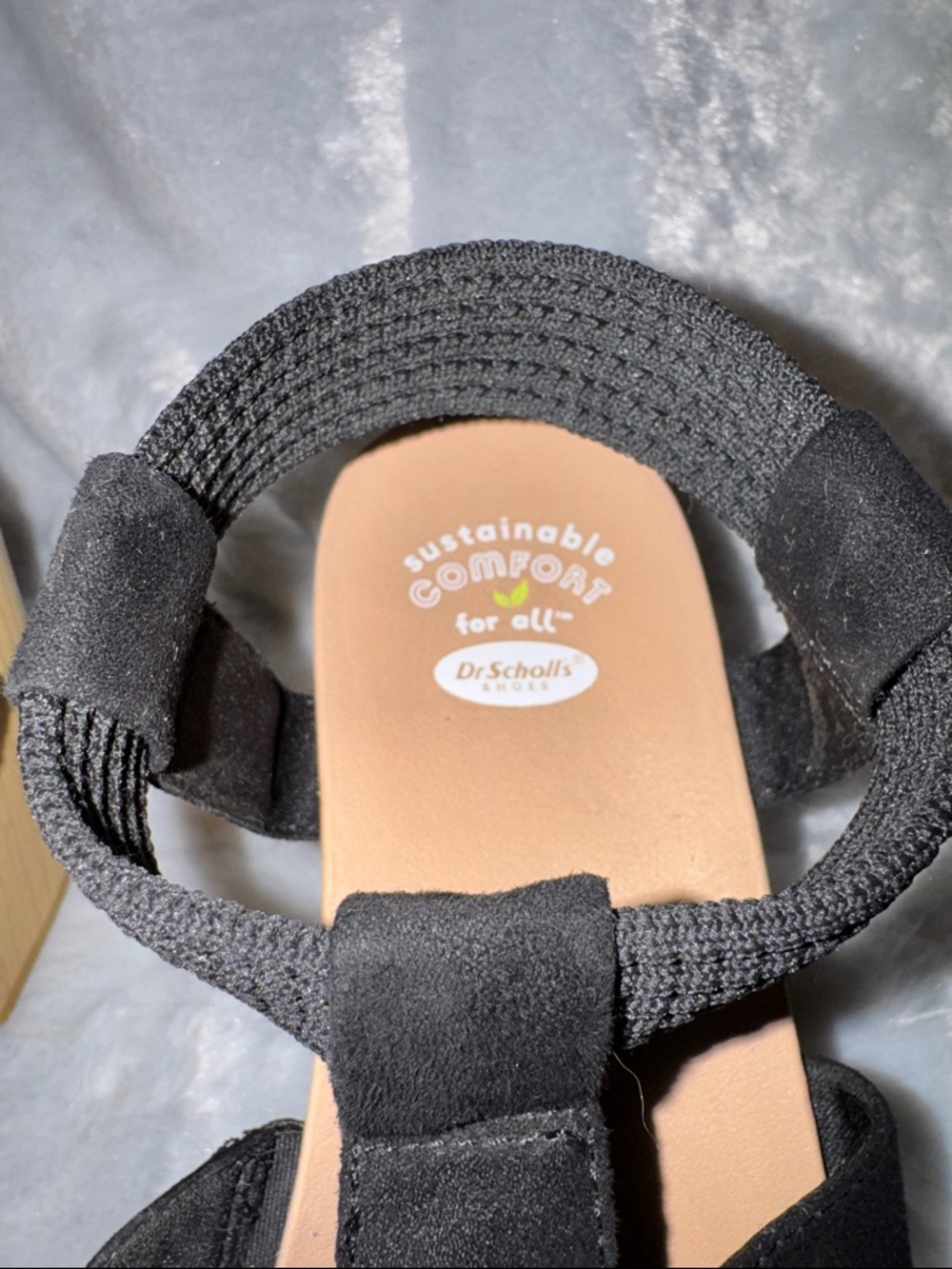 Dr. Scholl's Black Strappy Wedge Sandals with Wood-Tone Sole - Picture 2 of 7